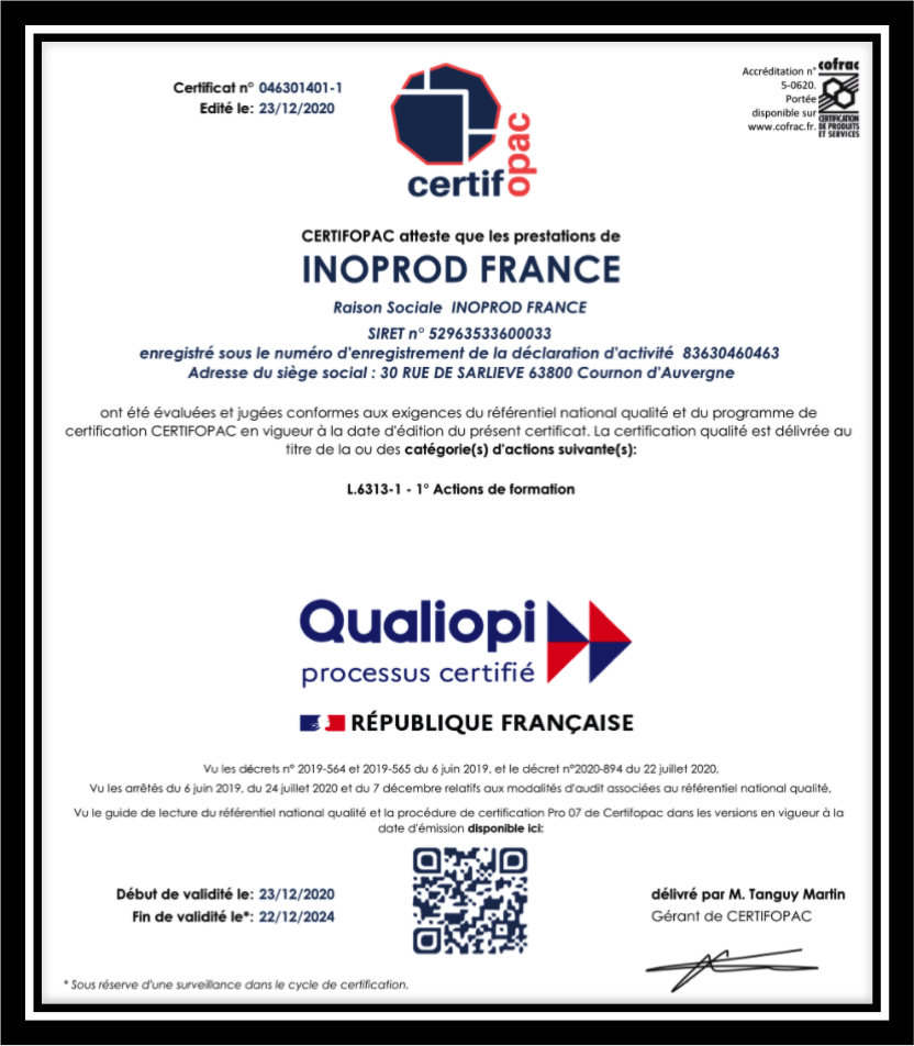 INOPROD obtient la certification Qualiopi valable pour une durée de 4 ans INOPROD obtient la certification Qualiopi valable pour une durée de 4 ans